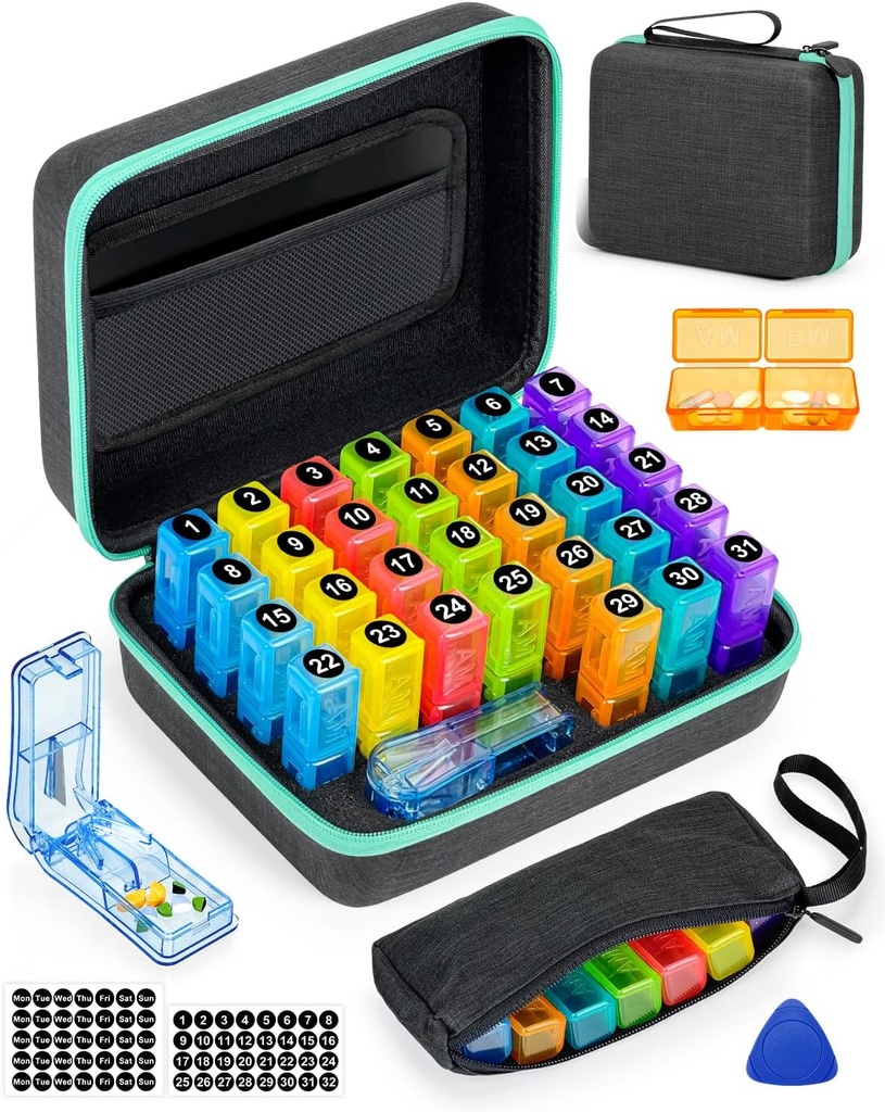 Månedlig Pill Organizer 2 gange om dagen, med Ugentlig Pill Bag, Bærbar Hard Shell, Pill Cutter, Plastic Åbning Pick, Månedlig & Ugentlig Stickers, Praktisk Medicin Management og Tracking