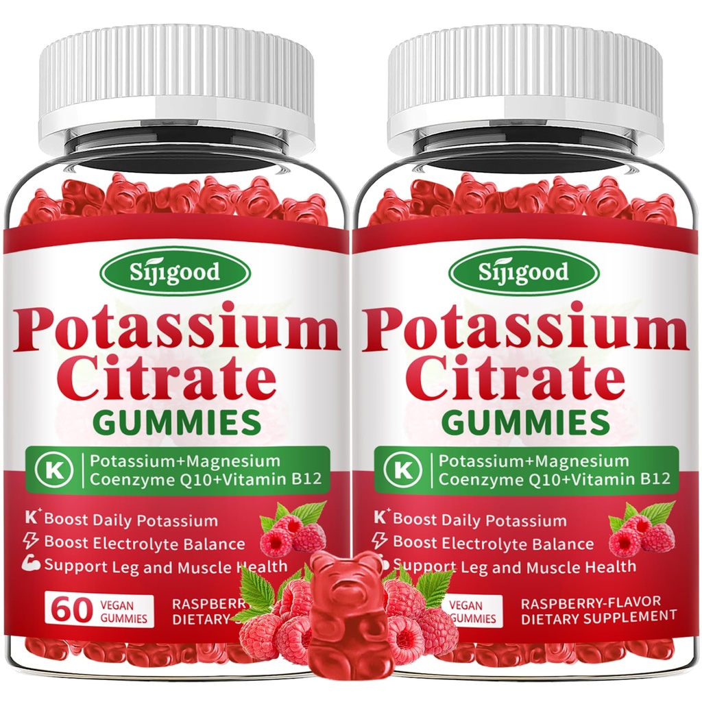 2 Pack Kalium Citrate Gummies - Kalium supplement til muskelsundhed, Leg Cramp Relief & Electrolyte Balance, Vegan, Non- GMO, Gluten- Free, Raspberry Flavor, 120 Greve