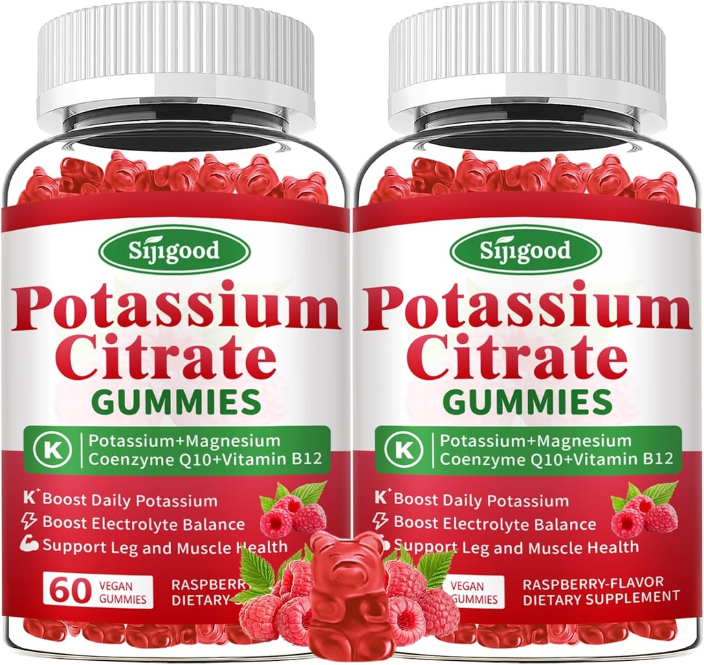 2 Pack Kalium Citrate Gummies - Kalium supplement til muskelsundhed, Leg Cramp Relief & Electrolyte Balance, Vegan, Non- GMO, Gluten- Free, Raspberry Flavor, 120 Greve