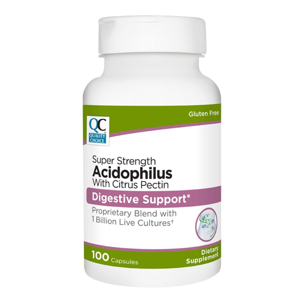 Quality Choice Digestive Support Acidophilus with Citrus Pectin - 100 Capsules - Daily Probiotic Formel with Citrus- Derived Fiber - Easy- to- Swallow Capsules