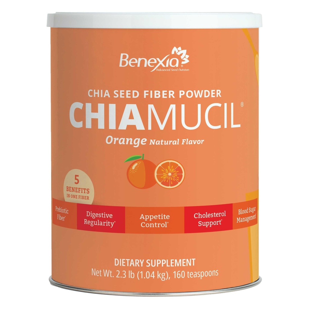 Chiamucil Prebiotic Fiber Supplement Powder – Chia Fiber & Chicory Root (Inulin) for Digestive Health & Appetite Control – Gluten & Sugar Free, Vegan, Non-GMO, Orange - 80 Servings