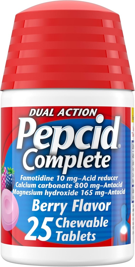 Pepcid Complete Acid Reducer + Antacid for Acid Reflux, 10mg Famotidine, 800mg Calcium Carbonate & 165mg Magnesium Hydroxide per Heartburn Medicine Tablet, Antacid Chews, Berry, 25 ct