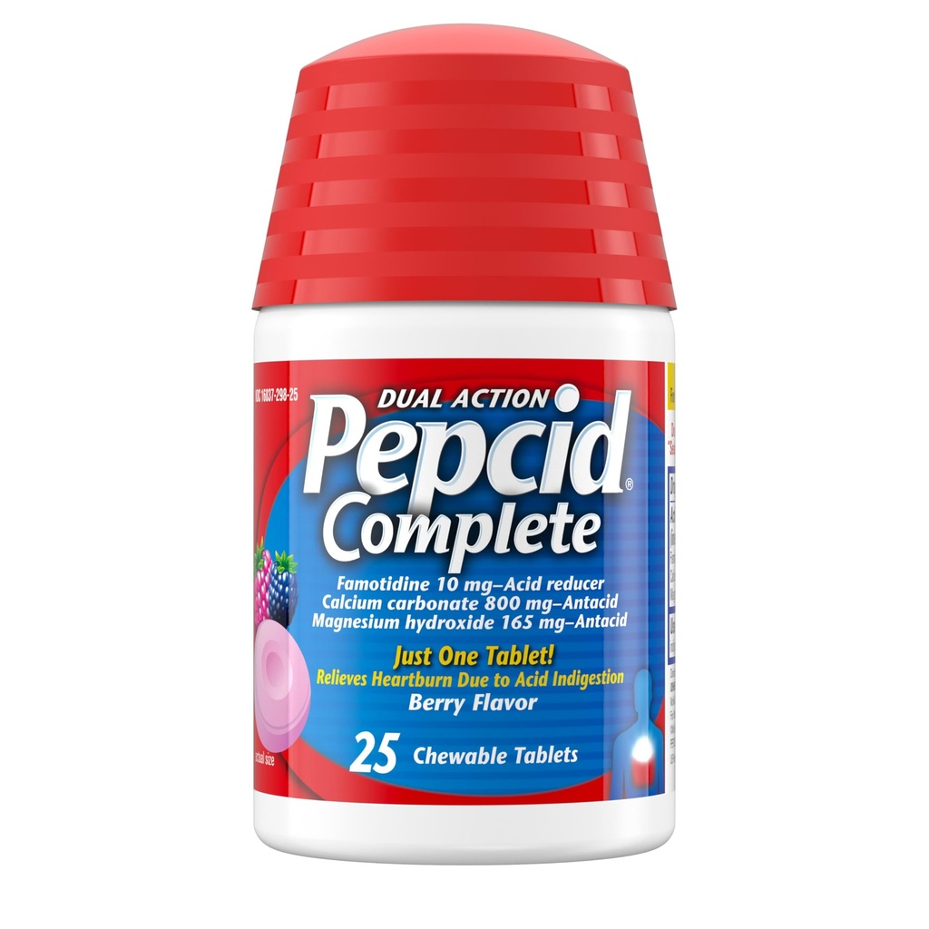 Pepcid Complete Acid Reducer + Antacida for Acid Reflux, 10mg Famotidin, 800mg Calciumcarbonat & 165mg Magnesiumhydroxid per Heartburn Medicine Tablet, Antacida Chews, Berry, 25 ng