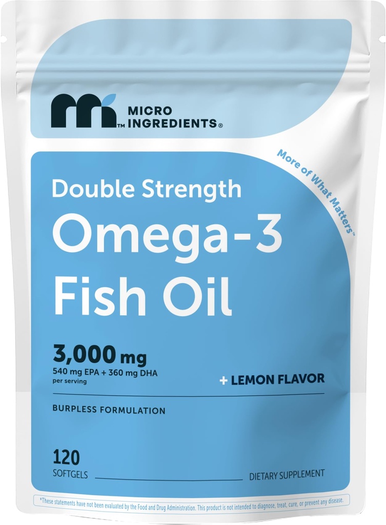Micro Ingredients Omega 3 Fish Oil Supplements 3,000mg Per Serving, 120 Softgels | Lemon Flavored – Burpless | EPA 540mg + DHA 360mg | Deep Sea Fish