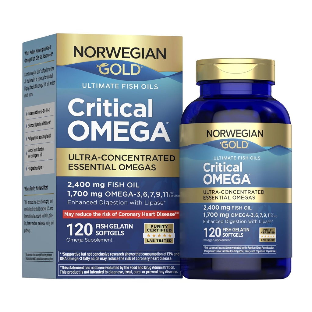Renew Life Norwegian Gold Critical Omega Softgels, Daily Supplement Supports Heart, Brain and Joint Health, EPA and DHA Omega-3 Fish Oil, Dairy and gluten-free, 850 Mg 120 Count