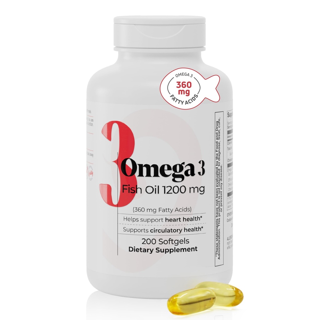 Omega 3 Fish Oil 1200 mg – 360 mg Omega-3 Fatty Acids – Supports Heart & Circulatory Health – Fish Oil Supplement for Men & Women – 200 Softgels