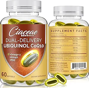Ubiquinol CoQ10 600 MG Softgel med Omega-3 & Shilajit & PQQ, Advanced Dual- Delivery Coenzyme- Q10, Active CoQ10 Ubiquinol Supplement for Fertilitet, Antioxidant, Heart, Brain & Energy, 120 Servering