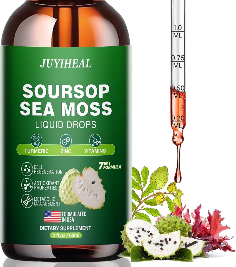 7-in-1 Soursop Graviola med Sea Moss Liquid Drops, Soursop Bitters Liquid Rich i Multivitamin til fordøjelsesfremmende antioxidant, immunboost, Cell Support & Regeneration, 2 Fl Oz