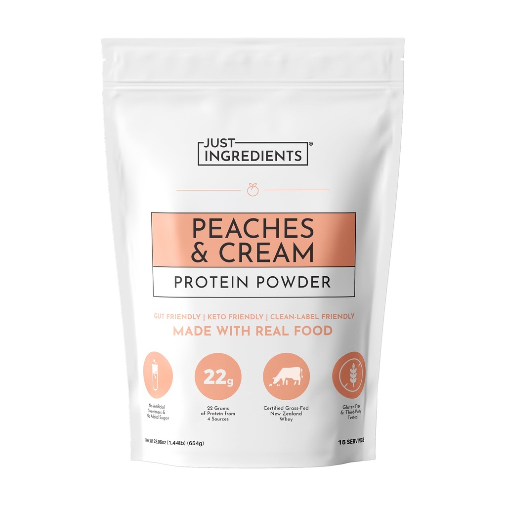 JUST INGREDIENTS Peaches & Cream Protein Powder, 15 Servings, 22g Protein from 4 Sources, Certified Grassfed New Zealand Whey Concentrate, Made with Real Food Ingredients, No Gums or Fillers