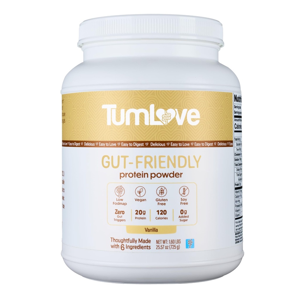 TumLove Vegan Protein Powder - Low FODMAP Certified, Gluten-Free, Dairy-Free, Soy-Free, 100% Gut-Friendly & Non-Bloating, Vanilla (25 Servings)