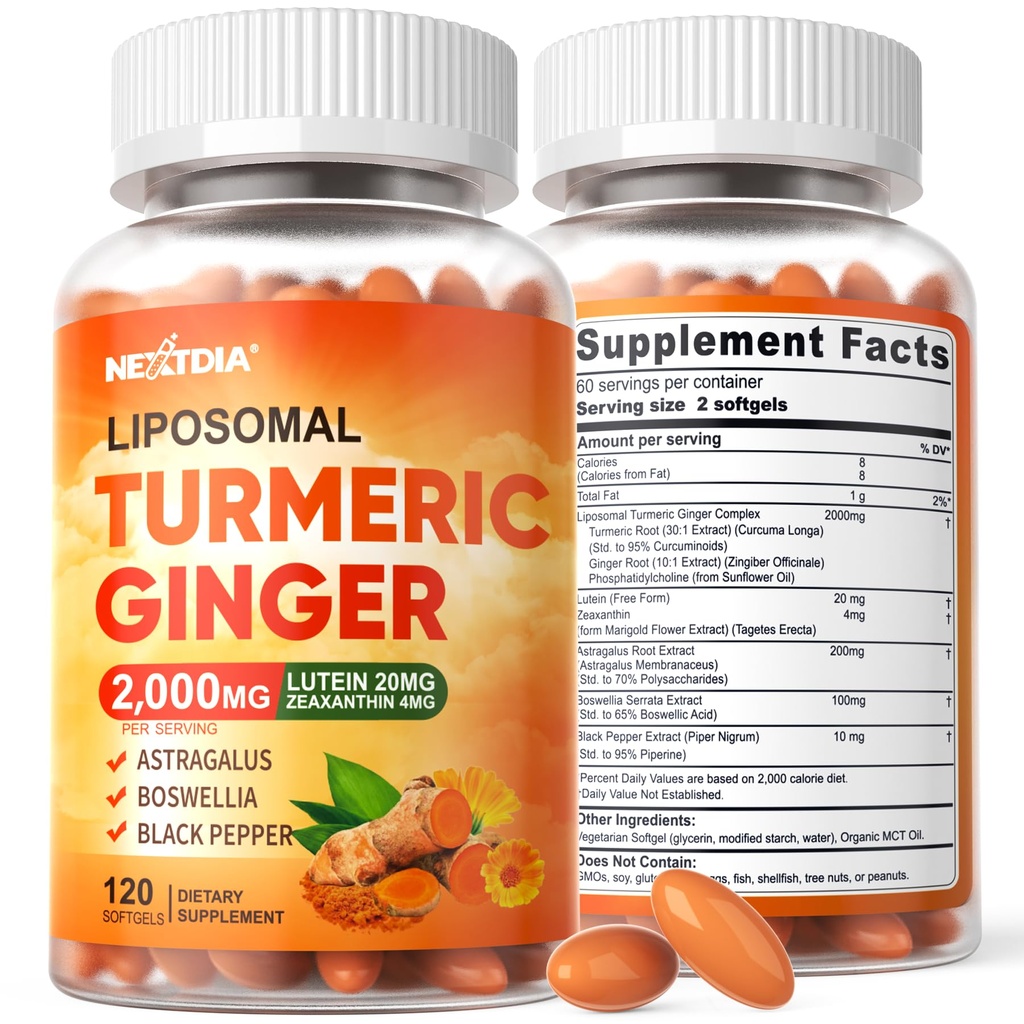 Liposomal Turmeric Ginger Curcumin Complex Supplement Pills, 2000mg Organic Turmeric Root with Black Pepper, Lutein and Zeaxanthin Supplements Liquid Softgels, 95% Curcuminoids, Non-GMO, 240ct
