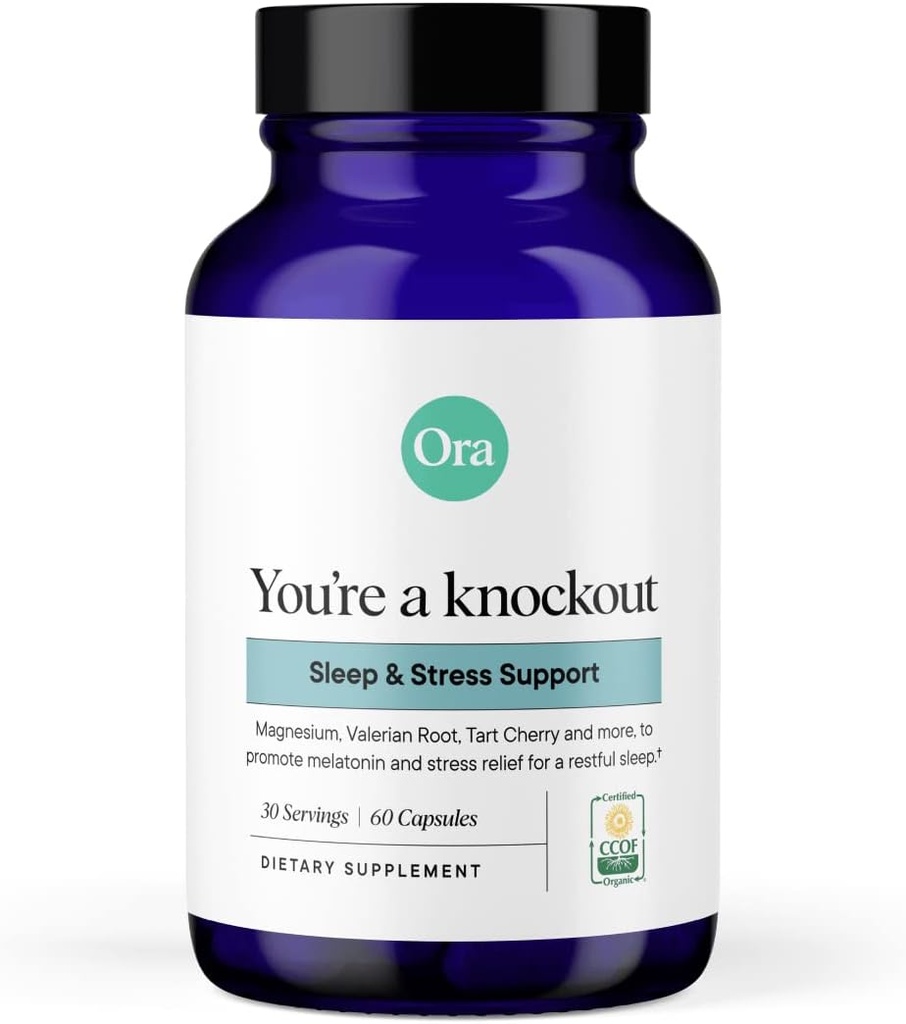 Ora Organic Natural Sleep Support Stress Support Calming Herbal Blend med Melatonin fra Tart Cherry - Inkluderer Magnesium Citrate, Valerian Root, og Lemon Balm - 1 måned Tilførsel, 60 kapsler
