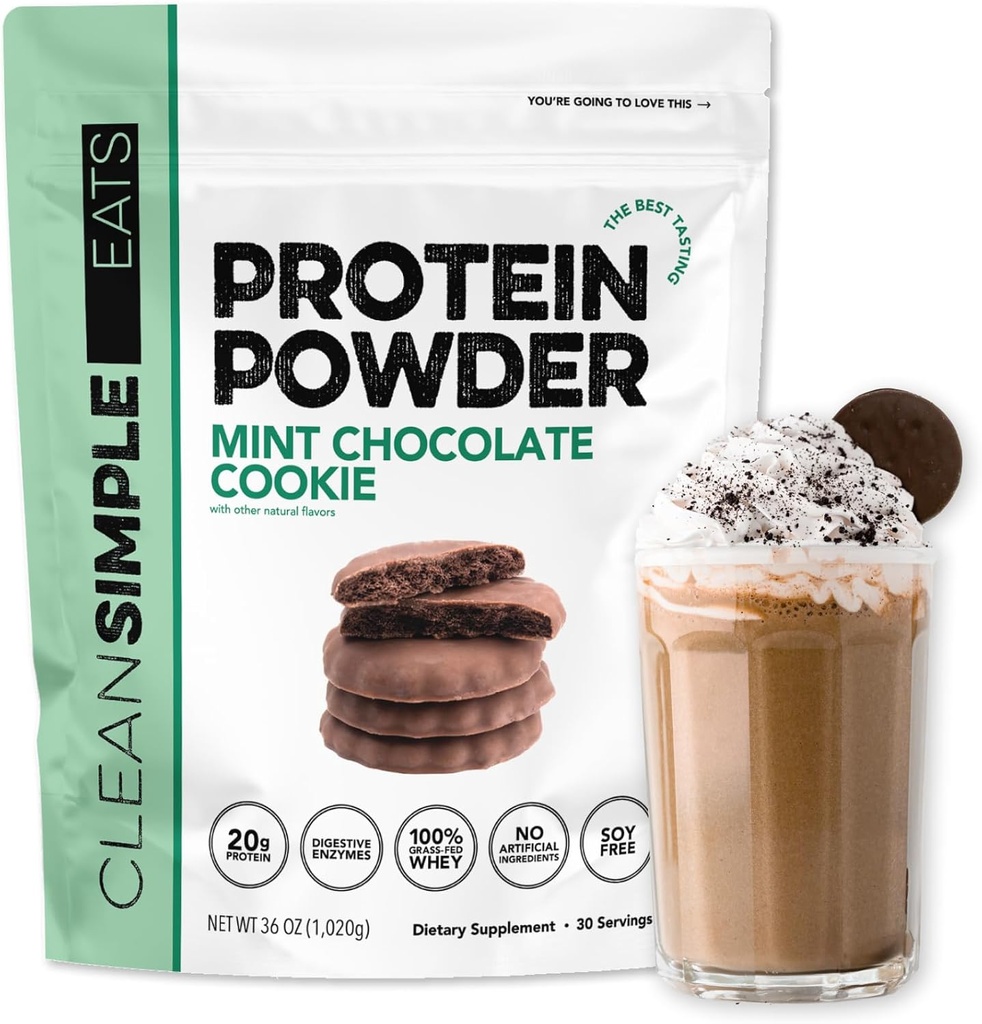 Ren Simple Spiser Whey Protein Powder, Mint Chokolade Cookie Flavor, naturligt sødet, 100% Græs Fed Protein Powder med fordøjelige enzymer, Ingen kunstige ingredienser, Gluten Free, 30 Srvgs