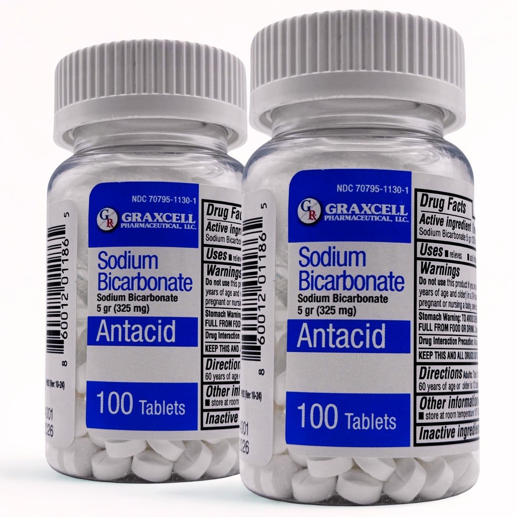 Sodium Bicarbonate 325 mg Tablets 100 Count 2bottles (Total 200 Tablets)– Natural Antacid for Heartburn Relief