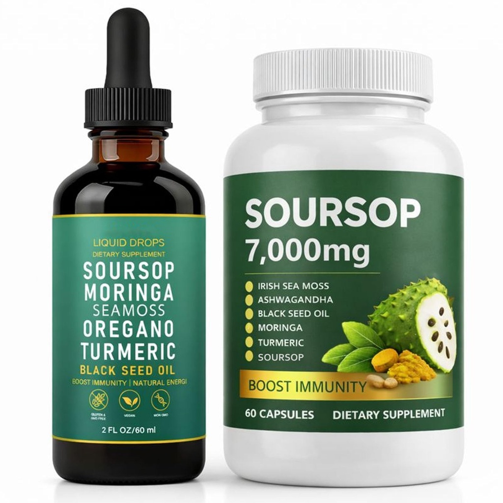 Soursop Bitterness Extract, Soursop Bitters Liquid Drops, Soursop Capsules with Sea Moss, Moringa, Turmeric Oil, Black Seed Oil, Oregano for Overall Health, Joint Support (2)