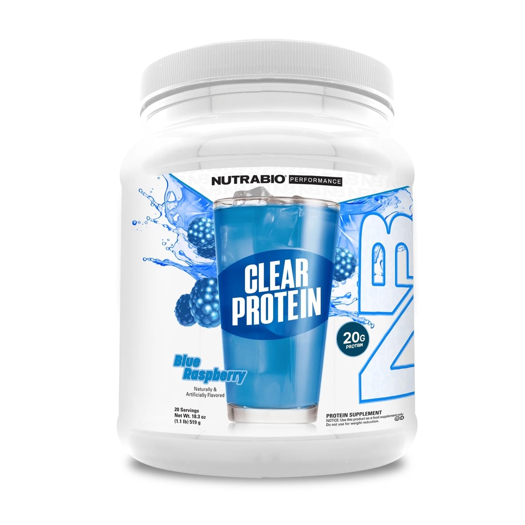 NutraBio Clear Protein Powder, Blue Raspberry - 20 Servings, 20g Clear Whey Protein Isolate, 0 Sugar, 0g Lactose, Refreshing Fruit Flavors, GLP1 Support - Bone Health - Muscle Post Workout Recovery