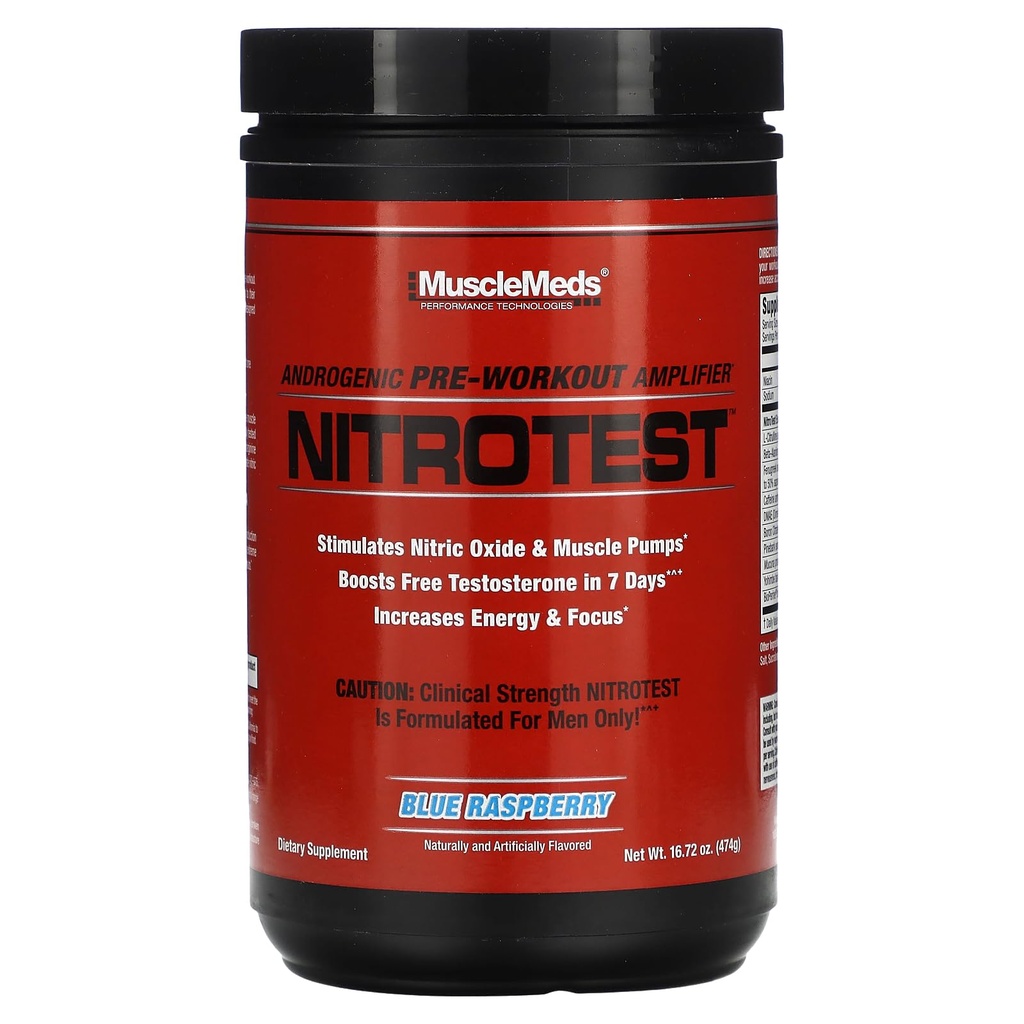 MuscleMeds Nitrotest Pre- Workout Supplement drik, Boost nitrogenoxid, Testosteron, Blå Hindbær, 30 Servering, 1.04 Pund, 1 Greve