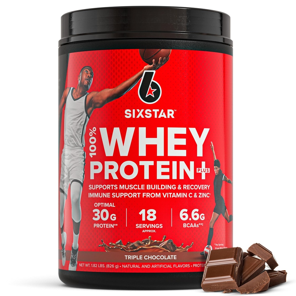 Six Star Whey Protein Powder Plus - Muscle Building & Recovery Formel med Whey Isolate Powder, BCAA, 30g Protein, immunforsvar - efter-workout supplement - tredobbelt chokolade, 1,8 lbs