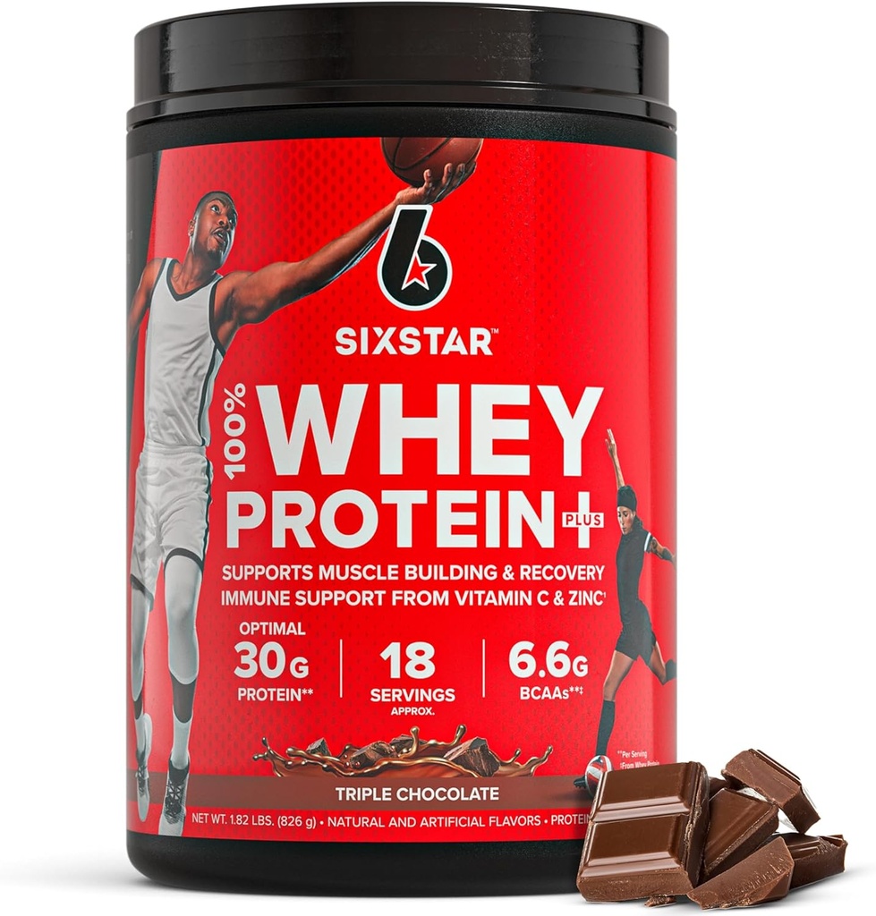 Six Star Whey Protein Powder Plus - Muscle Building & Recovery Formel med Whey Isolate Powder, BCAA, 30g Protein, immunforsvar - efter-workout supplement - tredobbelt chokolade, 1,8 lbs