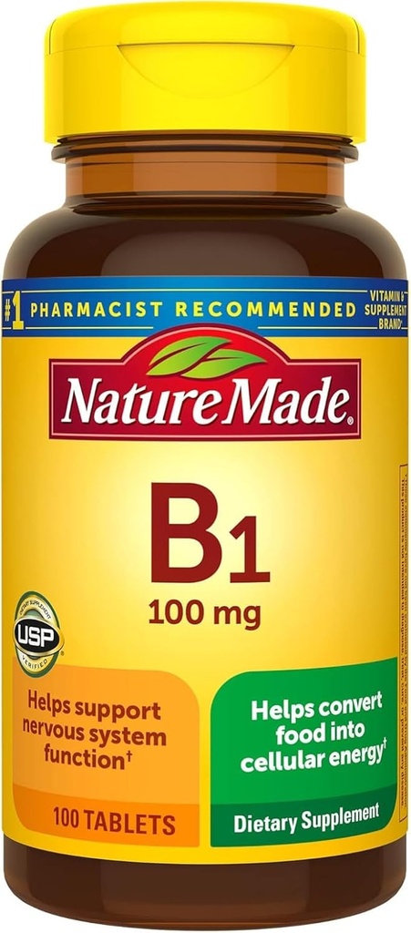 Nature Made Vitamin B1 100 mg, Kosttilskud til energistofskiftestøtte, 100 tabletter, 100 dages forsyning.
