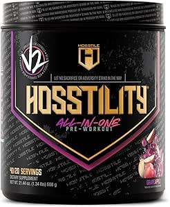 HOSSTILE Hosstility V2 Pre Workout, All- in- One Pre Workout Pulver til mænd og kvinder, Forbedre muskelpumpe, øge energi, Boost Styrke, Sharpen Focus, Grape Apple, 40 Serveringer