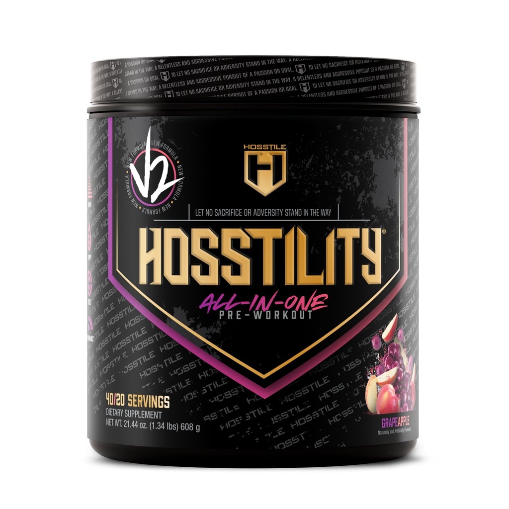 HOSSTILE Hosstility V2 Pre Workout, All- in- One Pre Workout Pulver til mænd og kvinder, Forbedre muskelpumpe, øge energi, Boost Styrke, Sharpen Focus, Grape Apple, 40 Serveringer