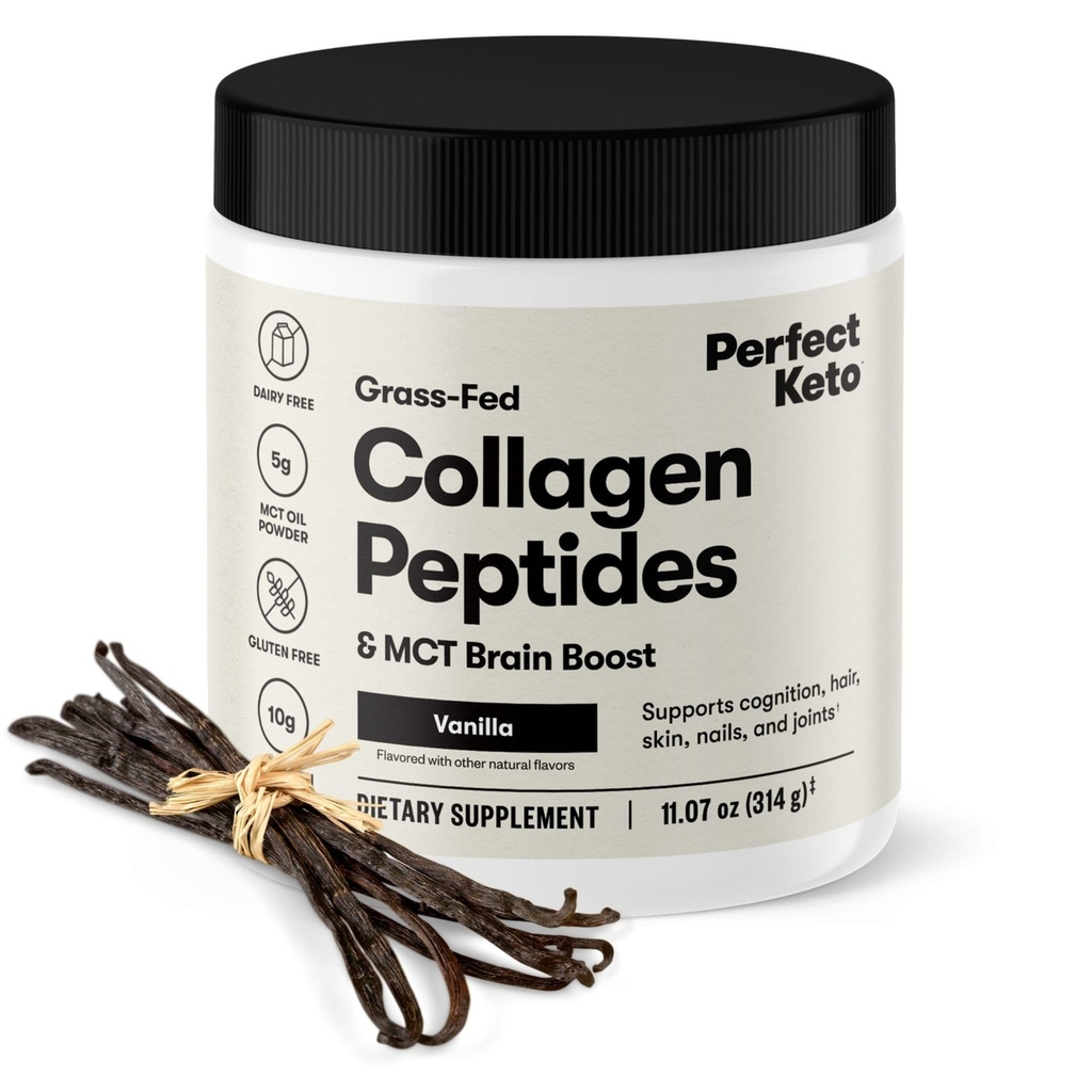 Perfect Keto Collagen Peptider Protein Powder med MCT Oil, Grass Fed, Hydrolyzed Collagen, Type I & III tillæg, Keto Coffee Creamer, Vanilla