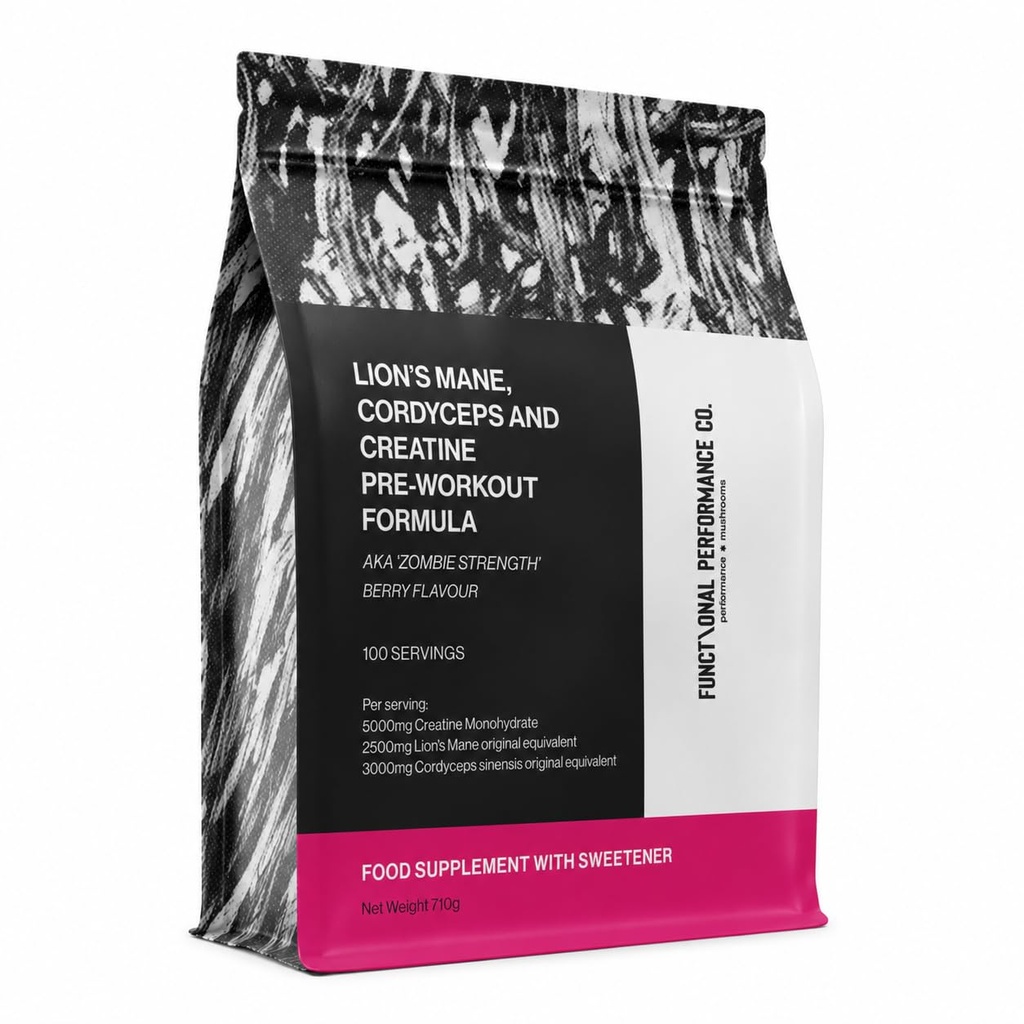Creatine Monohydrate Powder Micronized, 5g Creatine Per Serving, Flavoured Creatine, Lion’s Mane & Cordyceps, Berry Flavour, 100 Servings.