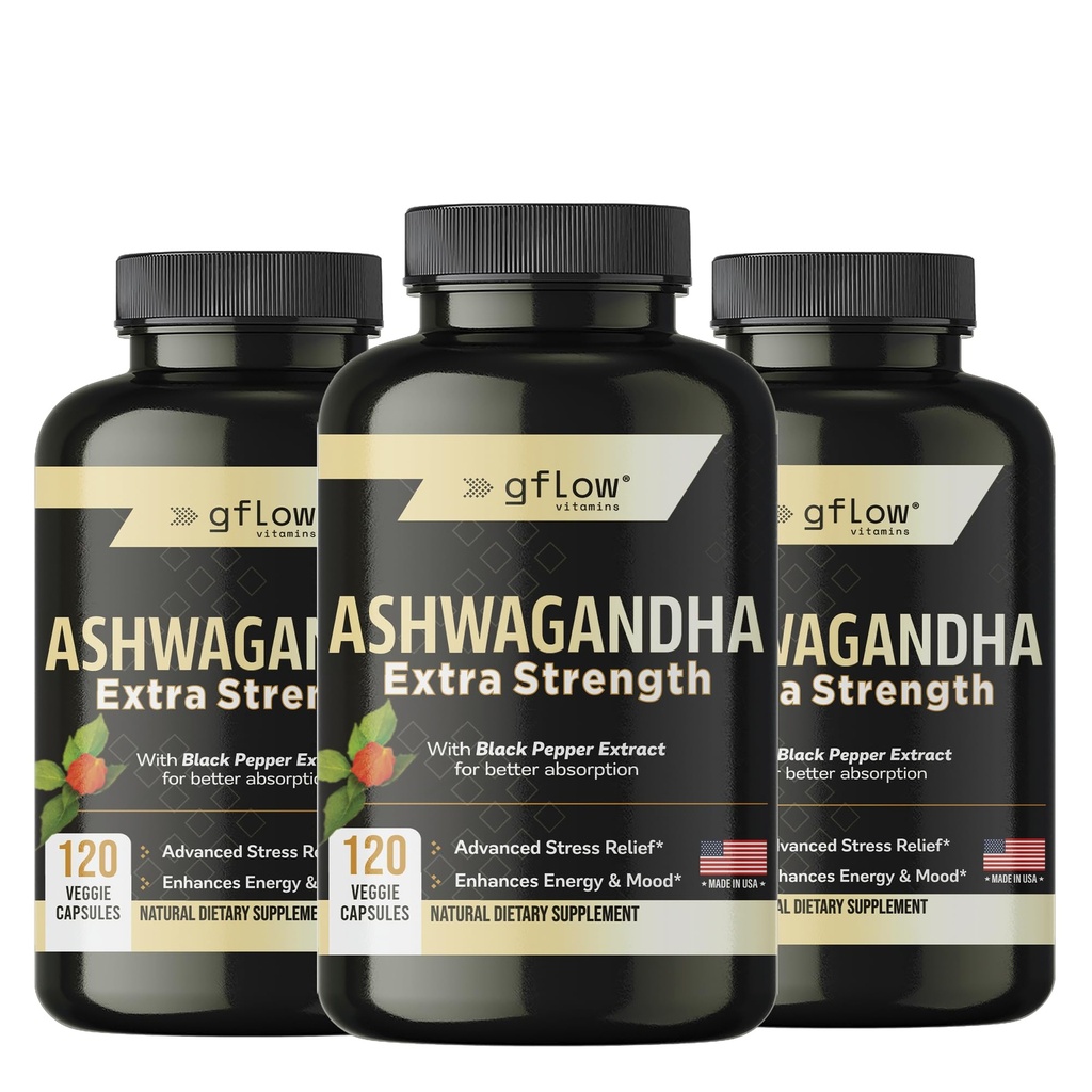 gflow vitamins Ashwagandha Supplements for Women and Men | Sleep, Mood and Energy Support | Extra Strength, Vegan Friendly, Non-GMO, Made in USA - Pack of 3