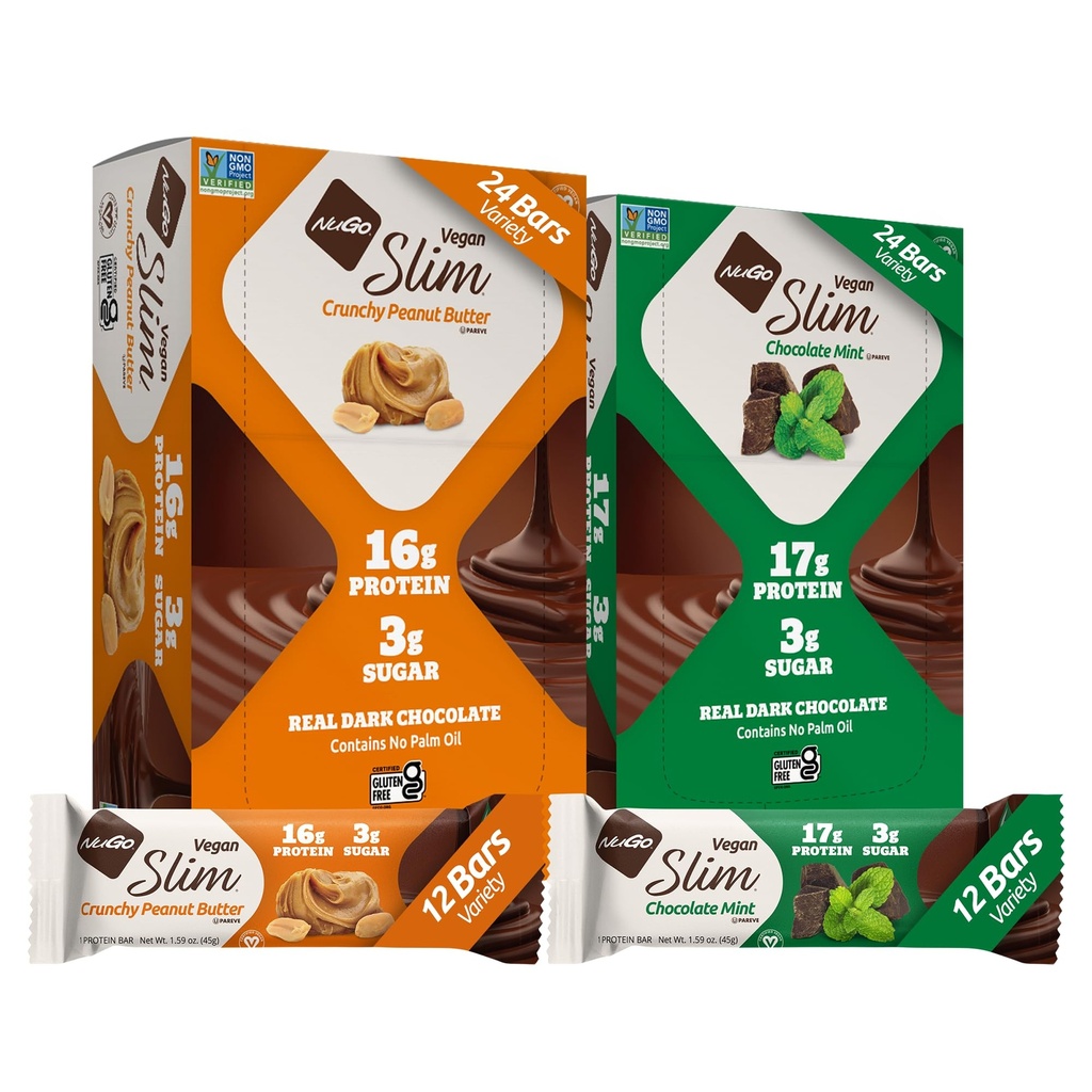 NuGo Slim Vegan Variety - Crunchy Peanut Butter 12 barer & Chokolade Mint 12 barer, Low Net Carb, Keto Friendly, 16- 17g Plant Based Protein, Gluten Free, 24 tæller
