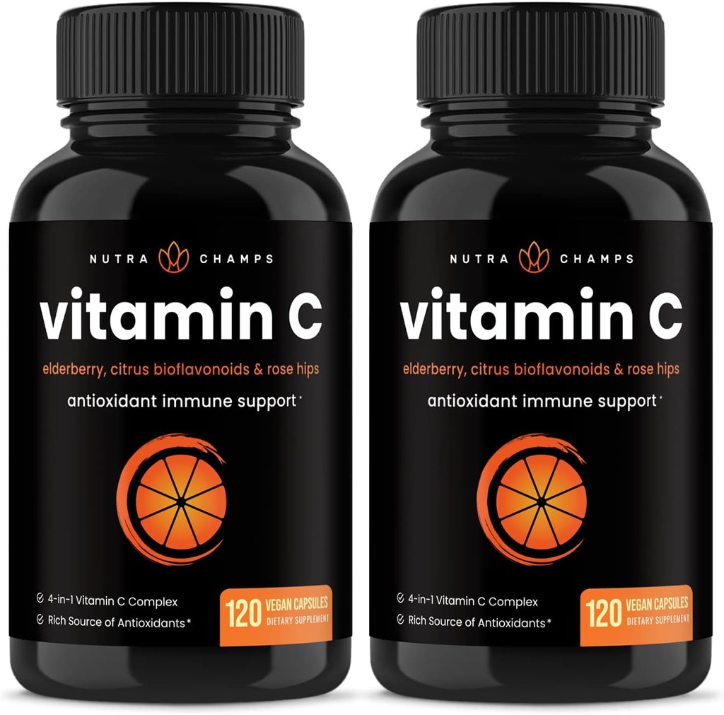 NutraChamps (2 Pack) Vitamin C 1000mg med Elderberry, Citrus Bioflavonoider & Rose HIPS - 120 Kapsler Vegan, Non- GMO Antioxidant Supplement for immunforsvar & Collagen Produktion 500mg pulver piller