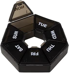 EZY DOSE 7-Day Weekly Pill Organizer, Daily Medicine Container og Vitamin Planner, Round Supplement Case, Compact, Travel Friendly, Portable Storage Sorter, 7-Sidet Circle, Black, BPA Free