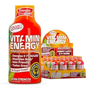 Vitamin Energy Focus + Extra Strength Energy Shot Fruit Punch 12 Pack, 260mg Natural Coffein, B- Vitamin, CoQ10, Aminosyrer, Focus, Produktivitet & Klarhed, Zero Sugar, Gluten- Free, 1,93 fl oz