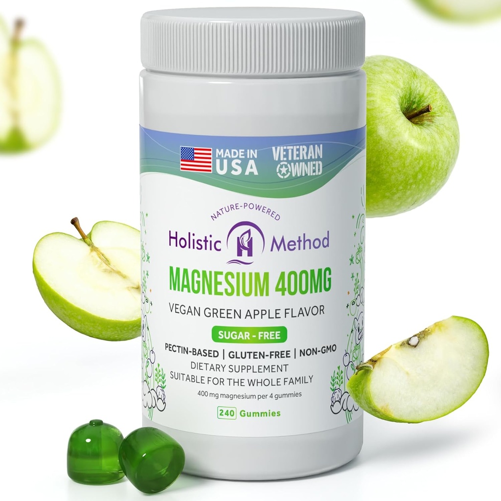 Magnesium Citrate Gummies - Sukkerfri, Vegansk og ikke-GMO for bedre søvn og afslapning - Ingen sukkeralkohol - Magnesiumtillæg til voksne, teenagere og børn - Grøn æble - 240 tykkere