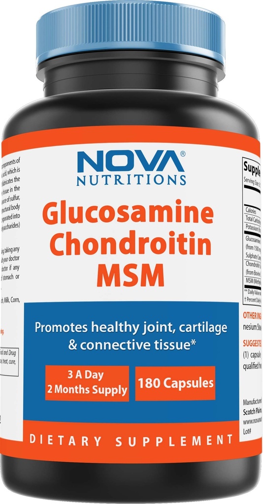 Nova Nutritions Triple Strength Glucosamine Chondroitin MSM 2600mg / Serveringskapsler, understøtter sund fælles, Cartiage og Connective Tissue - fremmer fælles komfort og fleksibilitet 180 greve