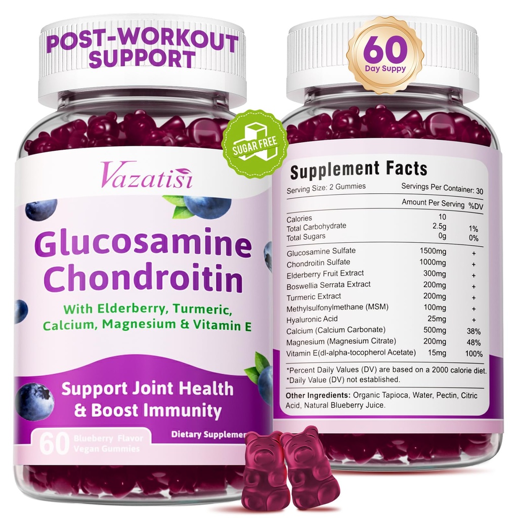 2 Pack Glucosamin Chondroitin Gummies - Glucosamin Chondroitin med MSM, Elderberry, Gurkemeje, Fælles Support for voksne, Mænd & Kvinder - Blueberry Flavor, 120 Cts