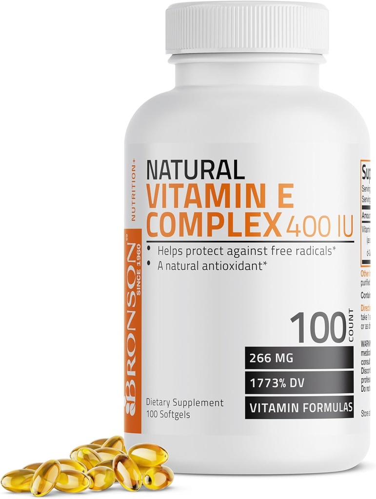 Bronson Natural Vitamin E Complex 400 I.U. Supplement (d- Alpha Tocopherol Plus d- Beta, d- Gamma, & d- Delta Tocopherols), Natural Antioxidant, 100 Softgels