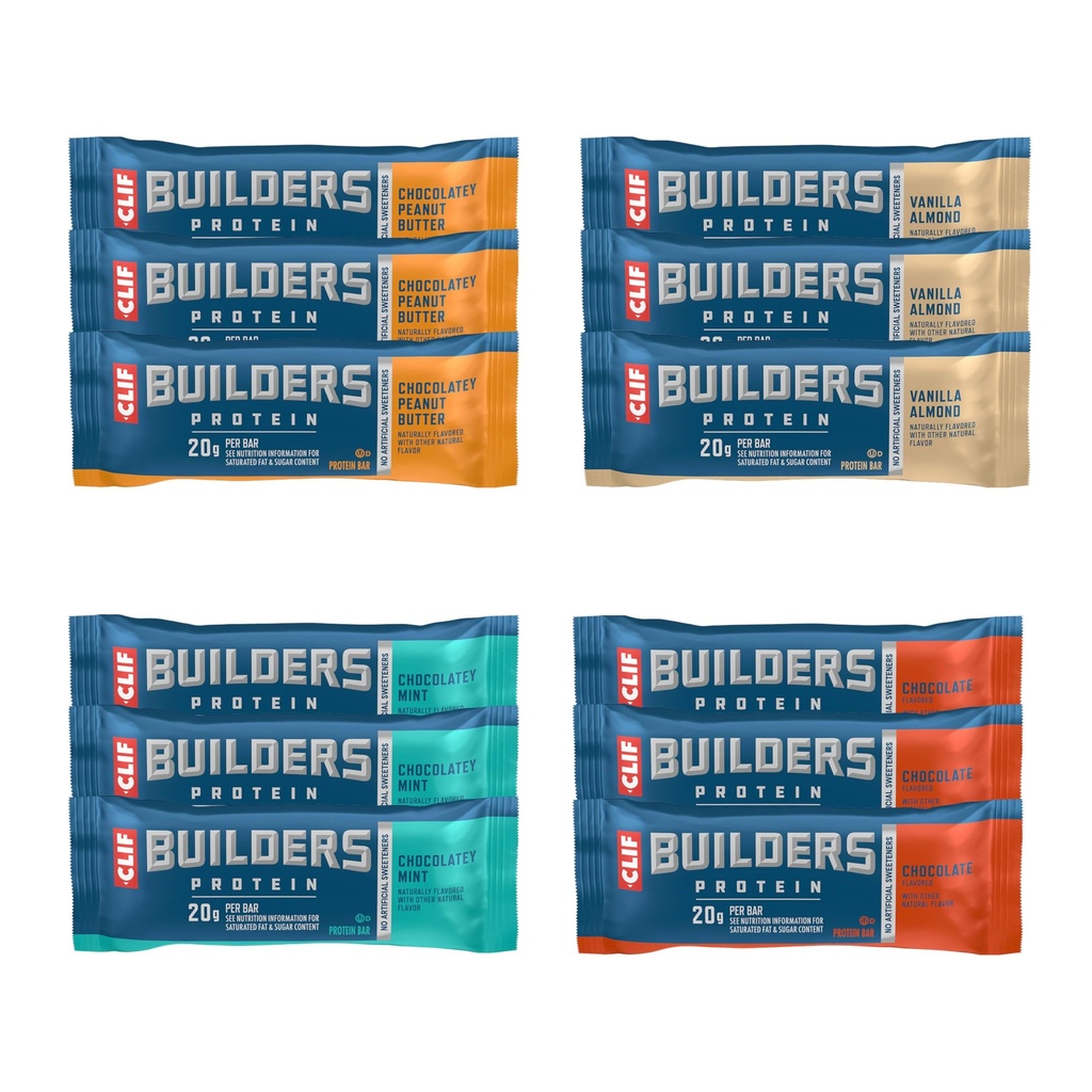 CLIF BUILDERS Protein Bars - 4-Flavor Variety Pack - 20g Plant Based Protein - Gluten Free - Non-GMO - Low Glycemic - No Artificial Sweeteners - 2.4 oz. (12 Count)