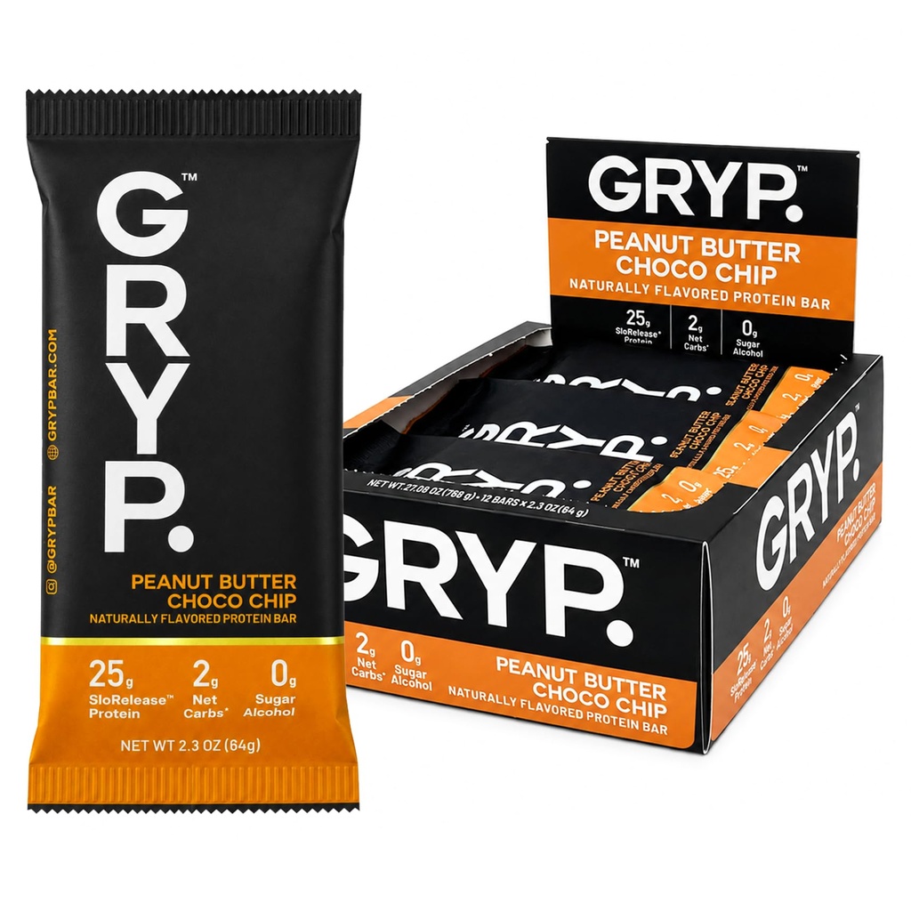 GRYP Slow-Release Protein Bars, Peanut Butter Chocolate Chip | 25g Protein, 0g Added Sugar, Low Carb, Gluten Free, 195 Calories | No Sugar Alcohols, No Artificial Flavors, No Artificial Sweeteners | On-The-Go Snack, Post-Workout | Pack of 12