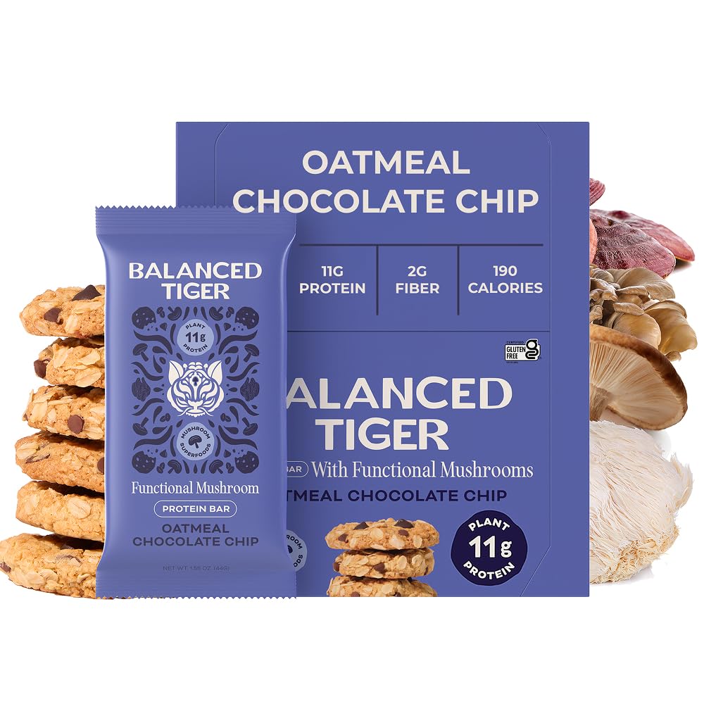 Functional Mushroom Vegan Protein Bars | Made in USA | Full Dose Lions Mane, Shitake, Reishi & Maitake Bars | Plant Protein Bars w/Adaptogens & Superfoods | Oatmeal Chocolate Chip