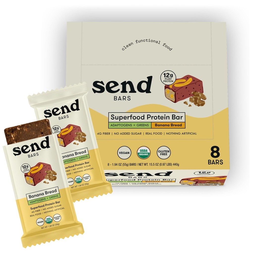 SEND Bars Organic Plant Based, Vegan, Healthy Protein Bars with Greens (Organic Banana Bread, 8 Bars) – Only Real Food Ingredients, No Added Sugar, Gluten Free, Dairy Free, Non-GMO, Healthy Snacks