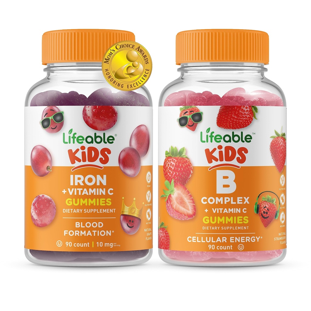 Lifeable Iron & C-vitamin Kids + B Complex Kids, Gummies Bundle - Great Tasting, Vitamin Supplement, Gluten Free, GMO Free, Chewable Gummy