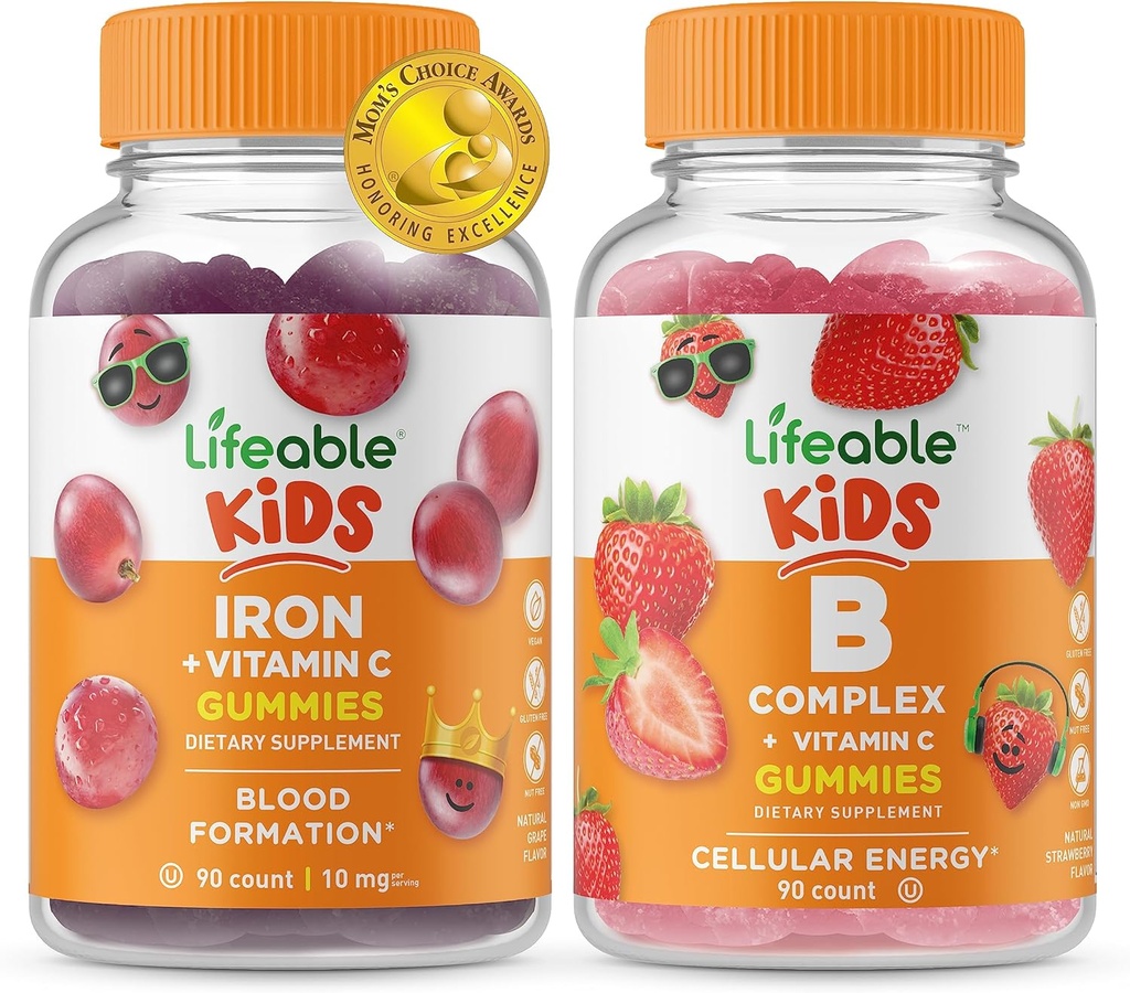 Lifeable Iron & C-vitamin Kids + B Complex Kids, Gummies Bundle - Great Tasting, Vitamin Supplement, Gluten Free, GMO Free, Chewable Gummy