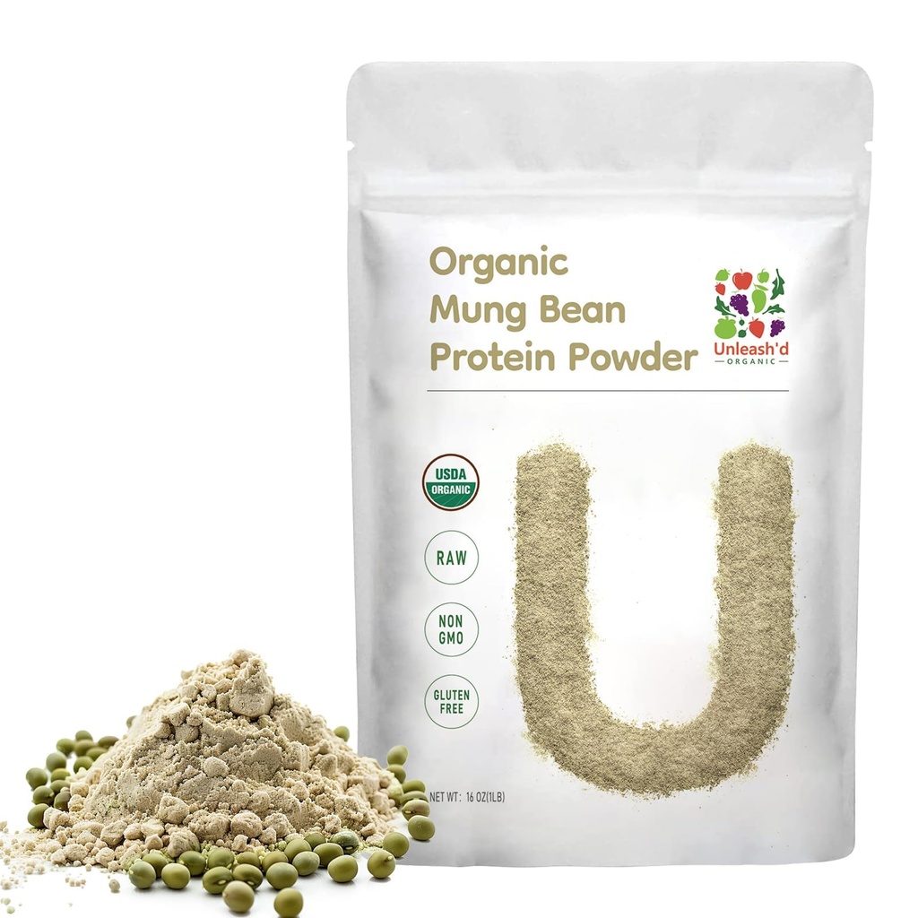 UNLEASH'D ORGANIC Organic Mung Bean Protein Powder 16 oz – 100% Pure Plant-Based Protein, Rich in Vitamins, Minerals & Fiber