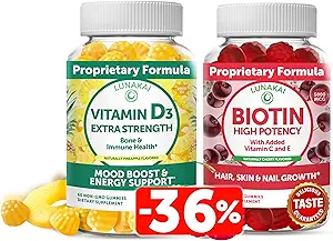 Lunakai biotin og D3-vitamin Gummies Bundle - Hår hud og negle Vækst Gummies med C-vitamin og E-vitamin - Immunitet, ben og mood Support - 30 dages forsyning