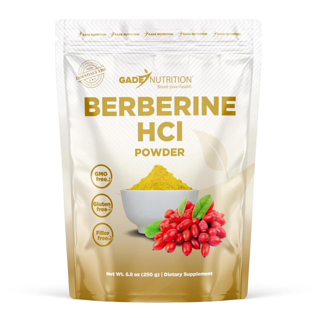 Gade Nutrition Berberine HCL Powder Concentrated Extract from Berberis aristata bark | 250g (8.8 oz), 500mg per Serving, 500 Servings | Non-GMO, Gluten-Free, Dairy Free, Vegan | USA Made