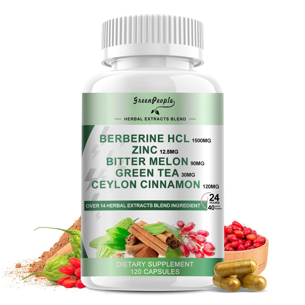 GREENPEOPLE Berberine tillæg med Ceylon kanel - 120 grev Berberine 1500mg Aktiverer AMPK & GLP-1 Berberina HCL med Bitter Melon & naturlige urter til immunforsvar / energi
