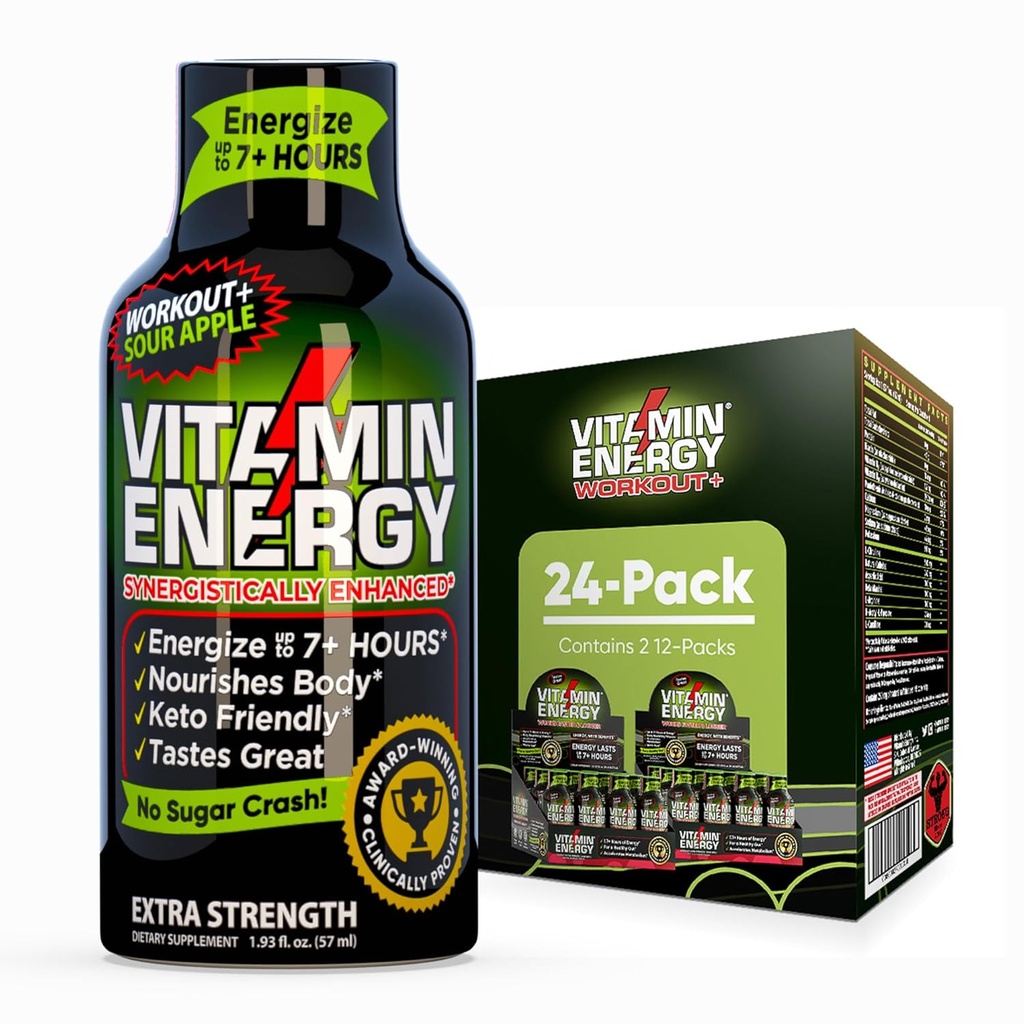 Vitamin Energy Workout + ekstra styrke energi Shot Sour Apple 24 Pack, 260mg Natural Koffein, Pre- Workout, B- Vitamin, Minerals, Endurance & Performance, Zero Sugar, Gluten- Free, Vegan, 1,93 fl oz