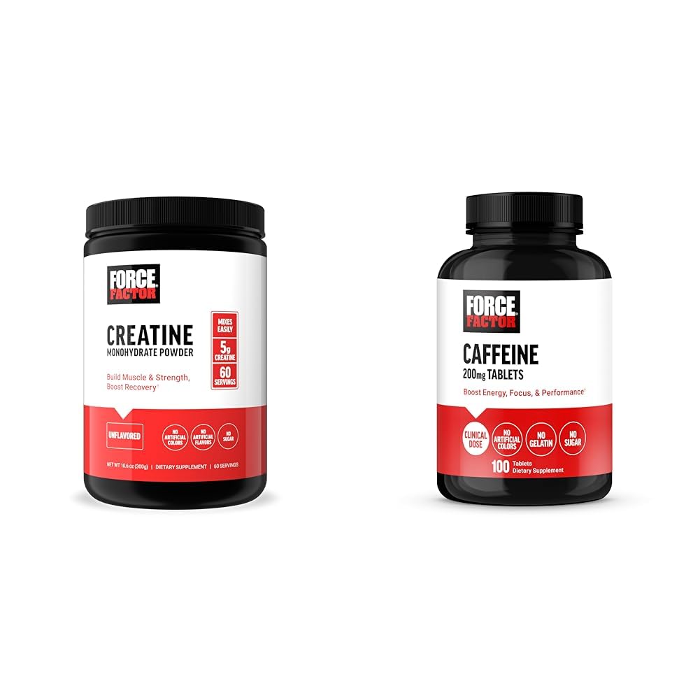 Force Factor Creatin Powder 60 Servering og koffein tabletter 100 tabletter - Kreatin for muskel Gain og koffein til energi
