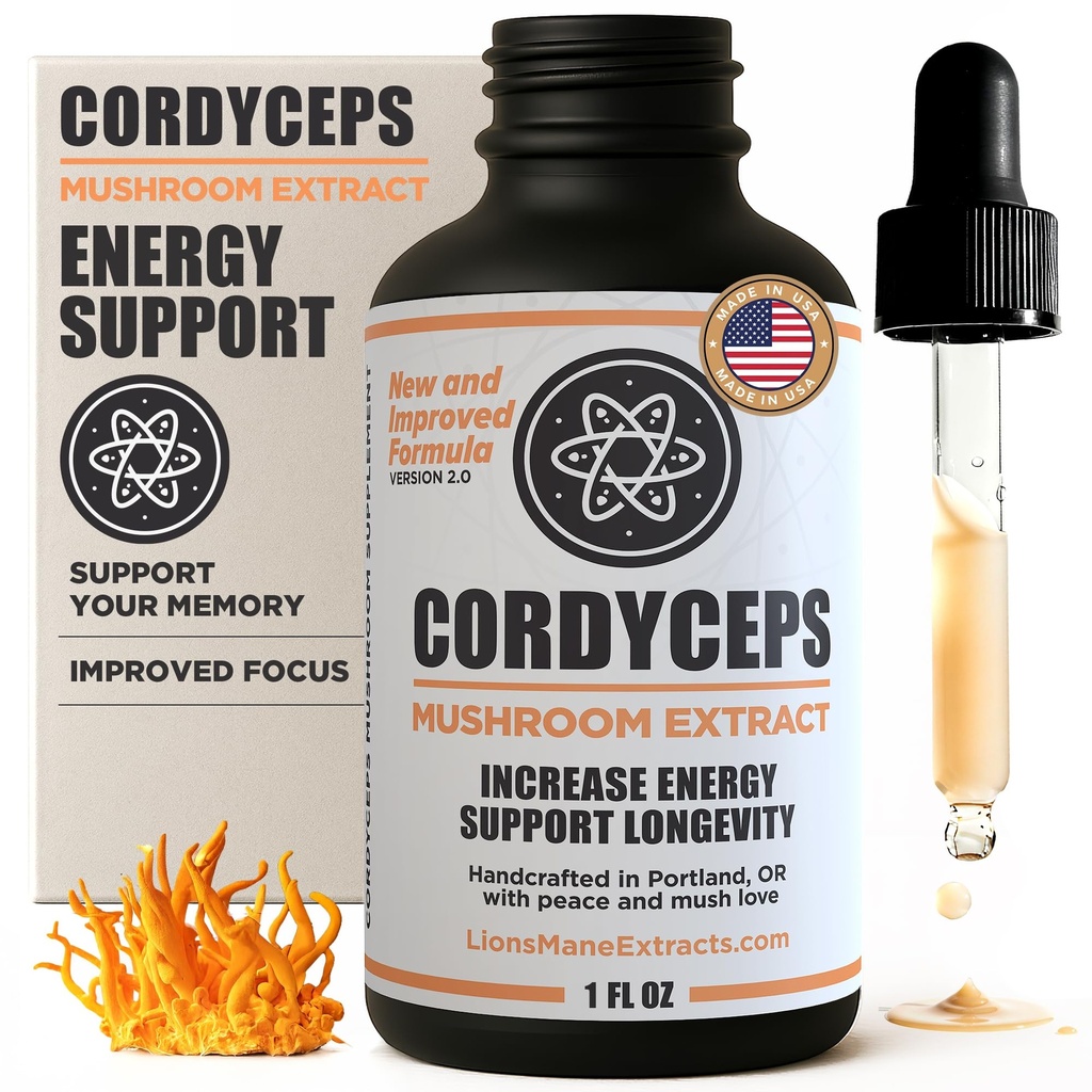 Cordyceps Mushroom Extract Liquid - 1 oz Mushroom Tincture | 100% Fruiting Body Cordyceps Extract | Natural Energy, Lung & Stamina Support | No Mycelium, Non-GMO | Made in USA